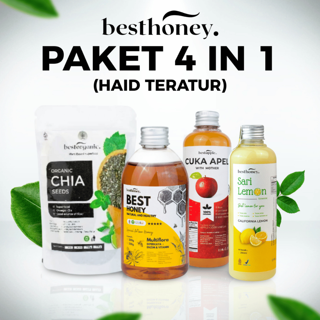 

Best Honey Paket 4in1 Cuka Apel 250ml Sari Lemon 250ml Madu Multiflora 350gr Chiaseed 100gr