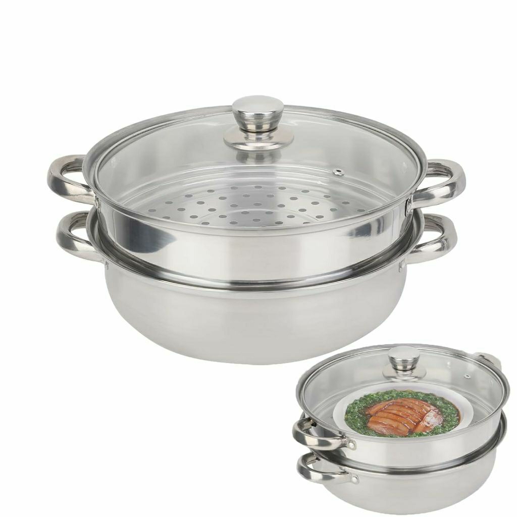 Panci Kukus 2 Susun | Steamer Pot Stainless Steel 28cm 2 Susun Tutup Kaca Kukusan Bolu Kue