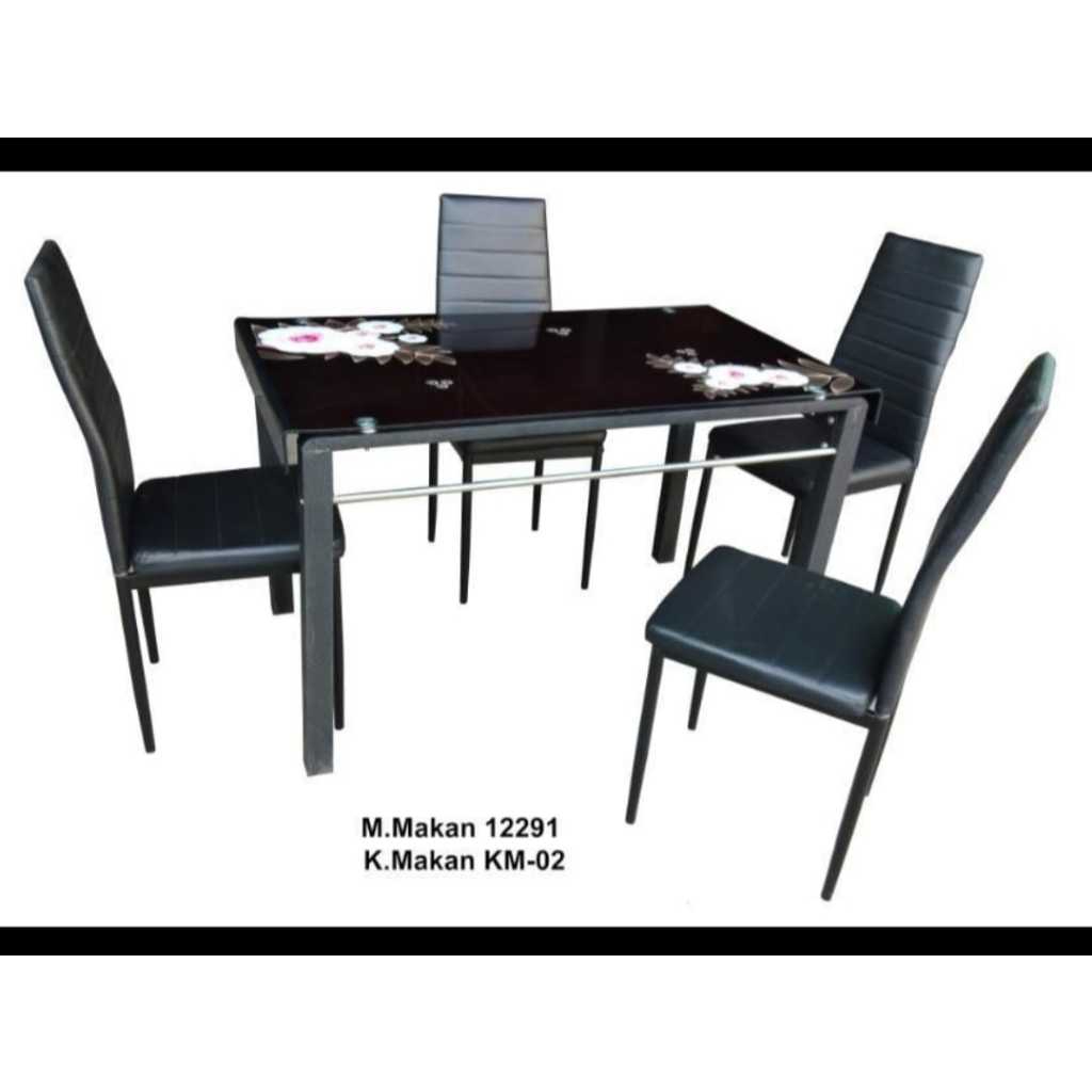 Meja Makan Besi Set Kaca Motif bunga-Meja Makan Kaca 4 Kursi- MM12291