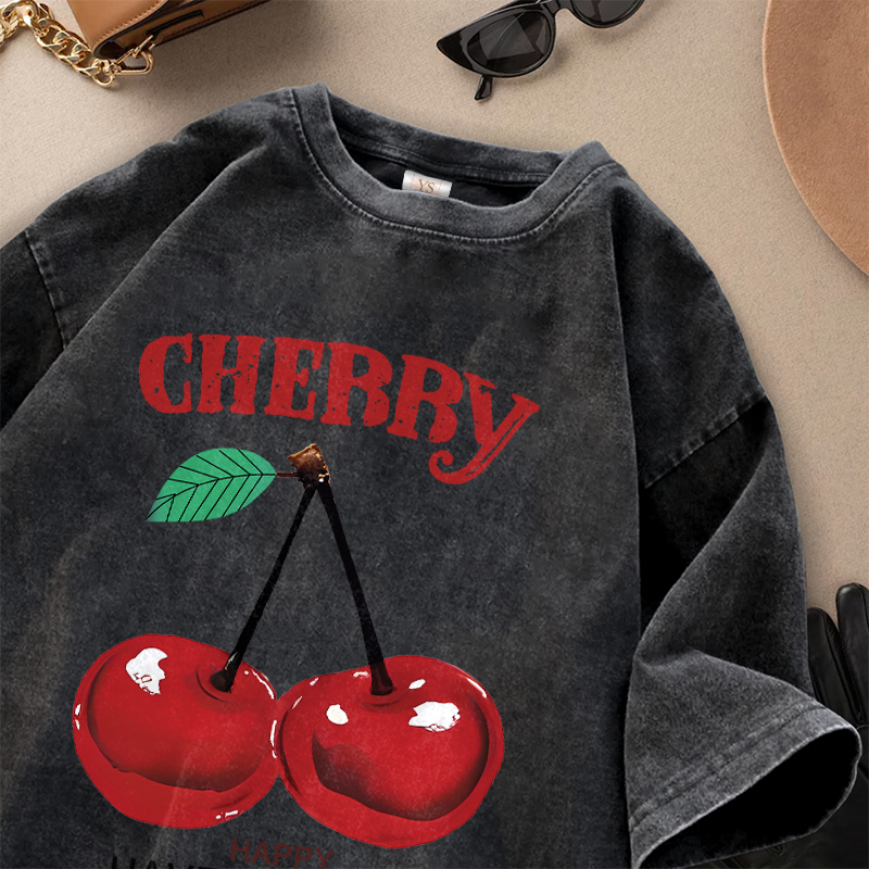 Tshirt Ys Buyer Kaos Lengan Pendek | Motif Cherry | Kaos Oversize Warna Hitam Washed Bahan Cotton