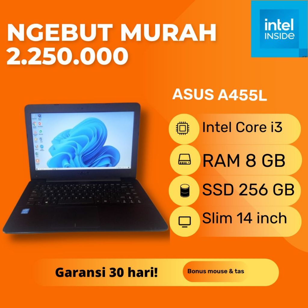 Laptop Asus A455L Navy Blue Intel Core i3 5005U RAM 8GB SSD 256GB Windows 10 Biru Second Bekas