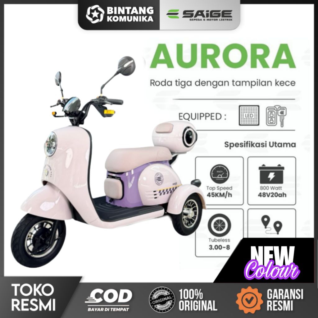 TERBARU SEPEDA LISTRIK Roda 3 SAIGE AURORA 800Watt 48v/20Ah - Box Trendy - Jok Lipat Depan