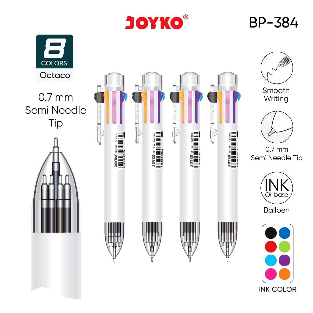 

Ball Pen / Pulpen / Pena Joyko BP-384 Octaco 0.7 mm 8 Warna Colors / Kualitas Baik