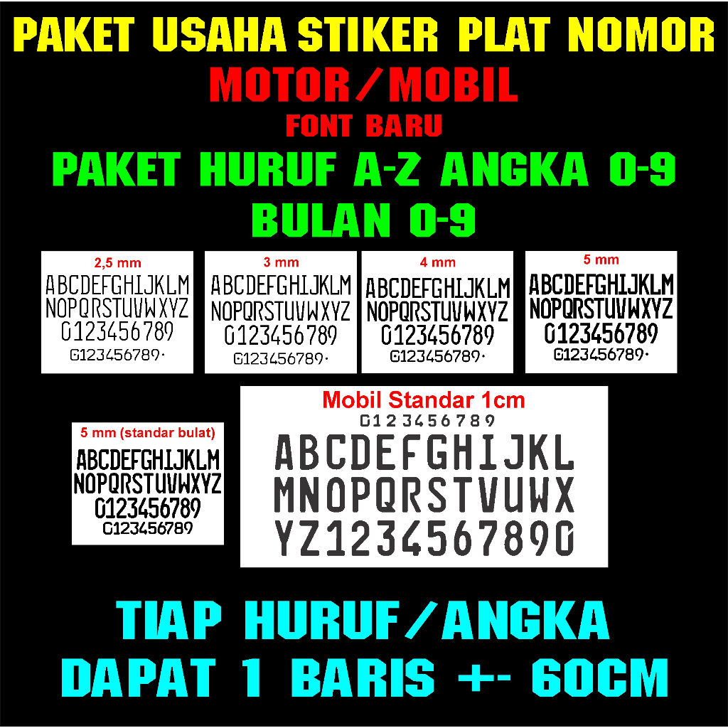 Paket Usaha Cutting Stiker Plat Nomor Lengkap Huruf  A-Z , angka 0-9 Plus Bulan Tahun 0-9 font baru