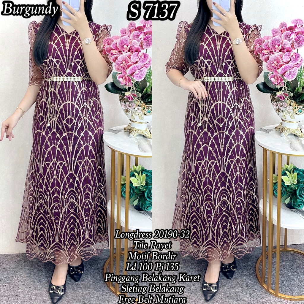 7137 Longdress Tile Bordir Payet Gaun Pesta Wanita Free Belt Mutiara 20190 32