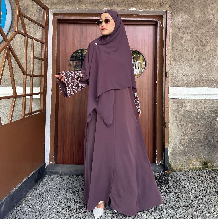 [Zahwa Official] Mahira Abaya Lace Bunga di Lengan Bahan Cotton Silk Anti UV Cantik Lembut Mewah