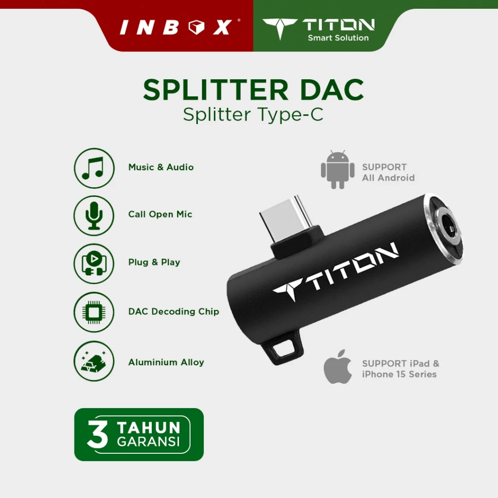 Titon Splitter Converter DAC Chip Jack 3.5mm Audio & Type C Untuk All Android & Iphone 15 Series