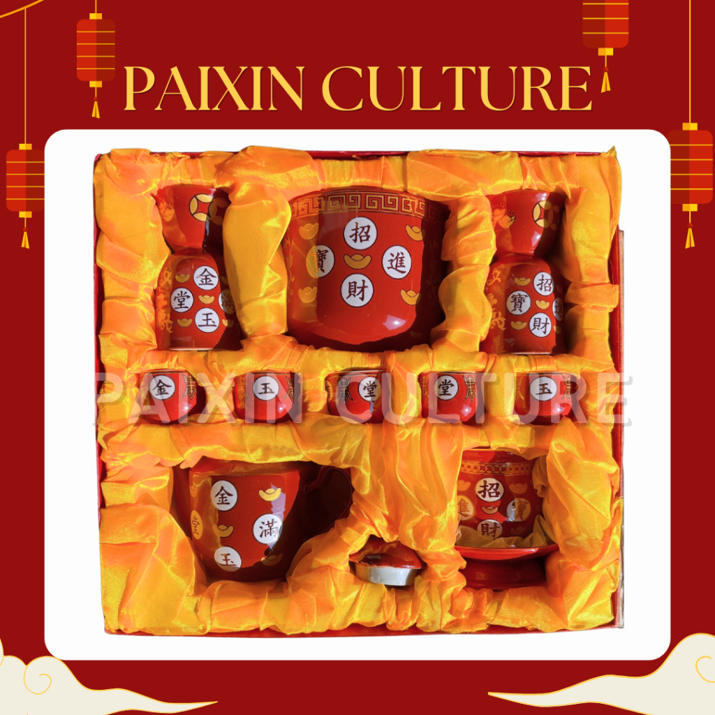 Set Hiolo Cangkir Gelas Tempat Lilin dan Teko Keramik Merah / Aksesoris Altar Sembahyang / Set lengk