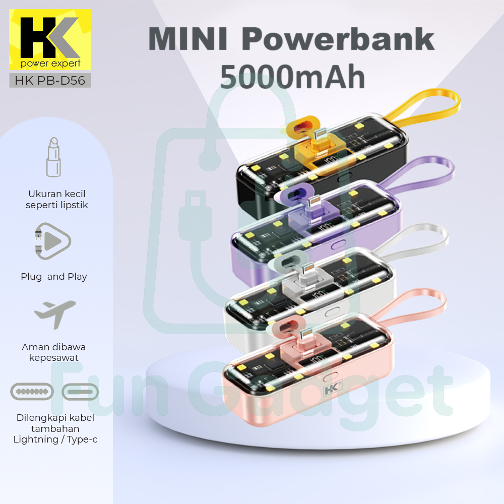 HK D56 Powerbank Mini 5000mAh Fast Charging Powerbank Travel Kecil Transparan Lightning Type C With 