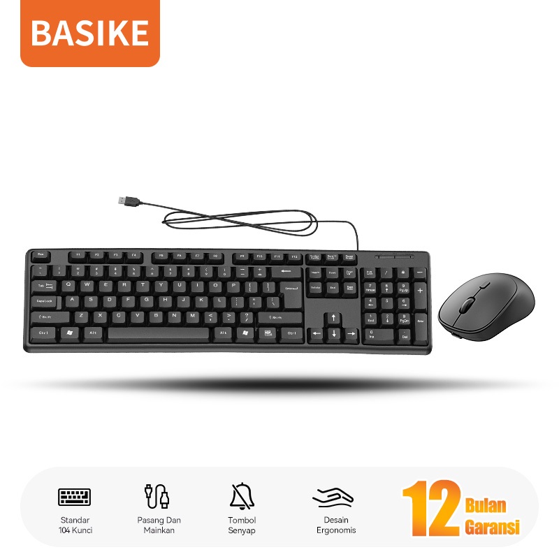(HOT)BASIKE Keyboard Kabel USB Portable 104 Key Full Size Office Mouse Wired Bass for PC Laptop