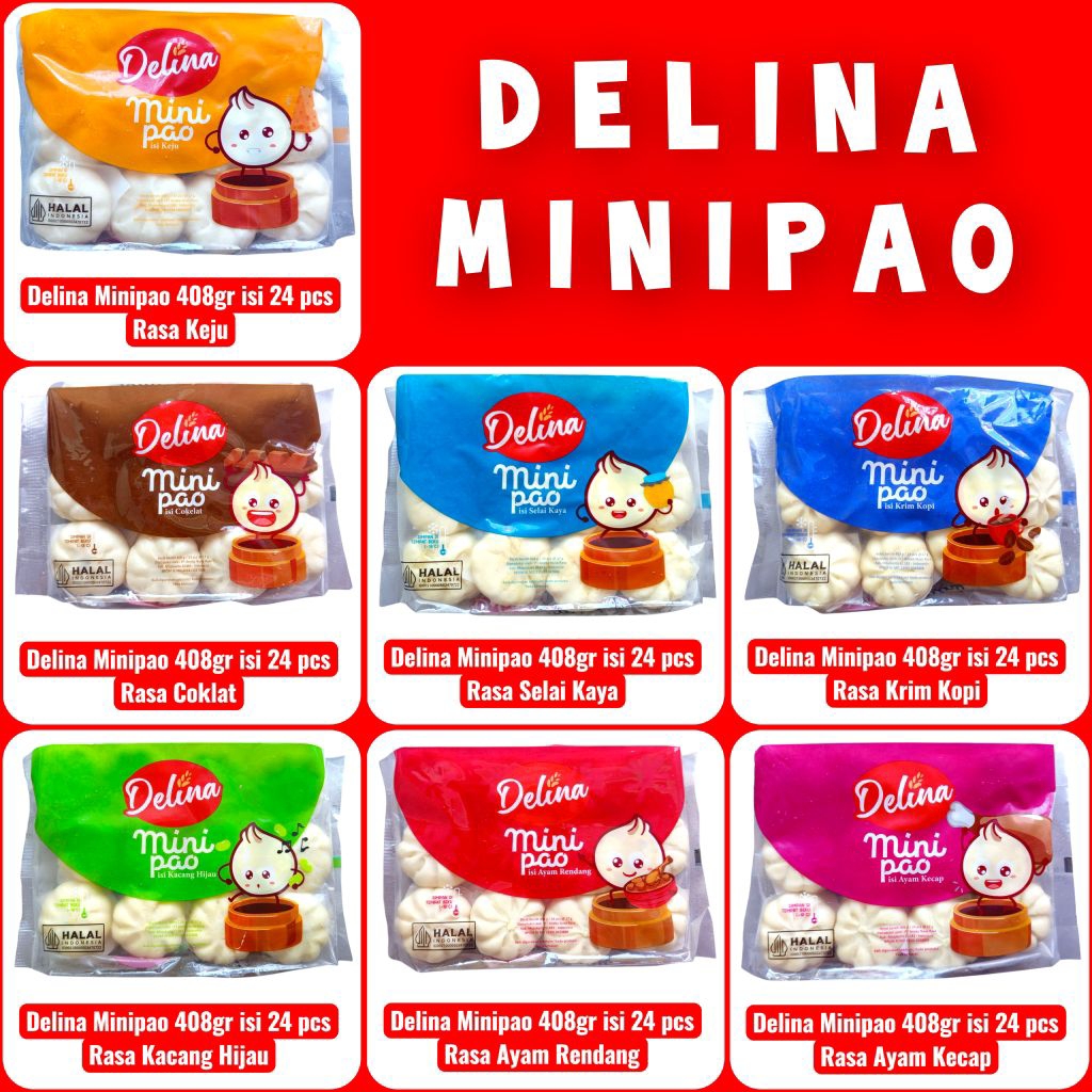 

delina minipao 408gr isi 24 pcs (coklat/keju/kacang hijau/ayam rendang/ayam kecap/krim kopi/selai kaya)