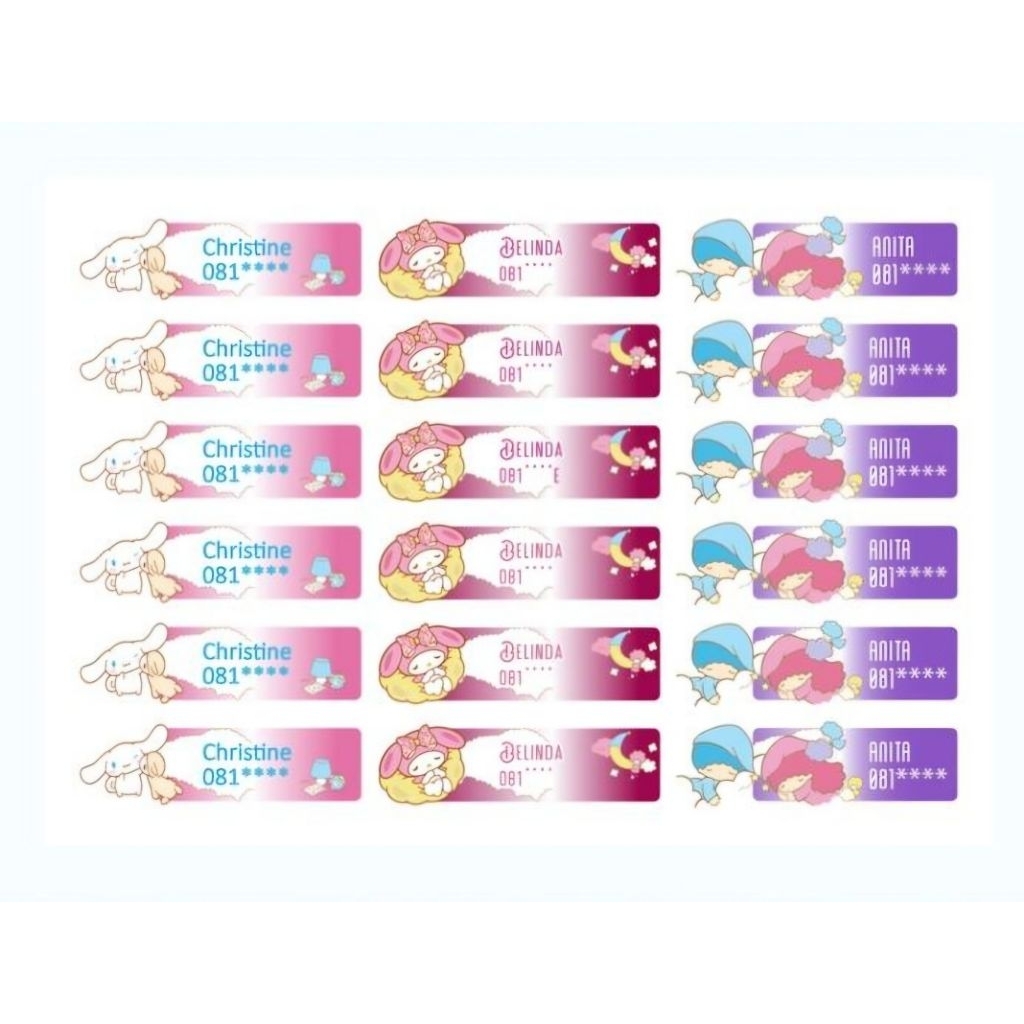 

Stiker/Label Nama Sanrio LIGHT, bahan Vynil : tahan air, tidak mudah rusak/sobek.