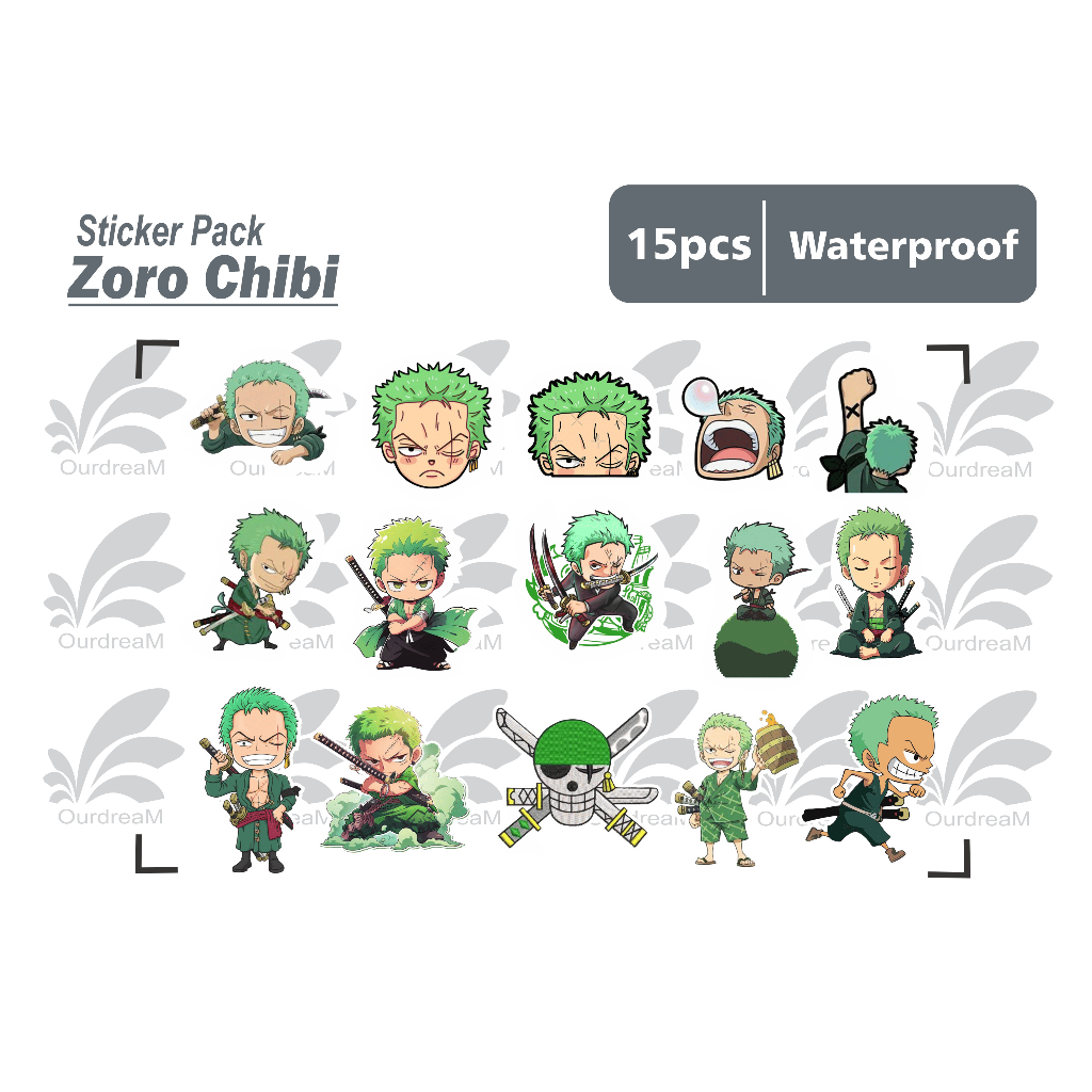 

stiker Zoro one piece chibi - isi 15 pcs sticker pack tumbler helm waterproof medium size