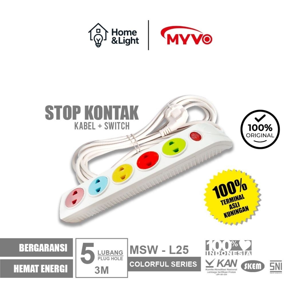 Myvo Stop Kontak 5 Lubang 3 Meter MSW-L24 Warna Asli Kuningan