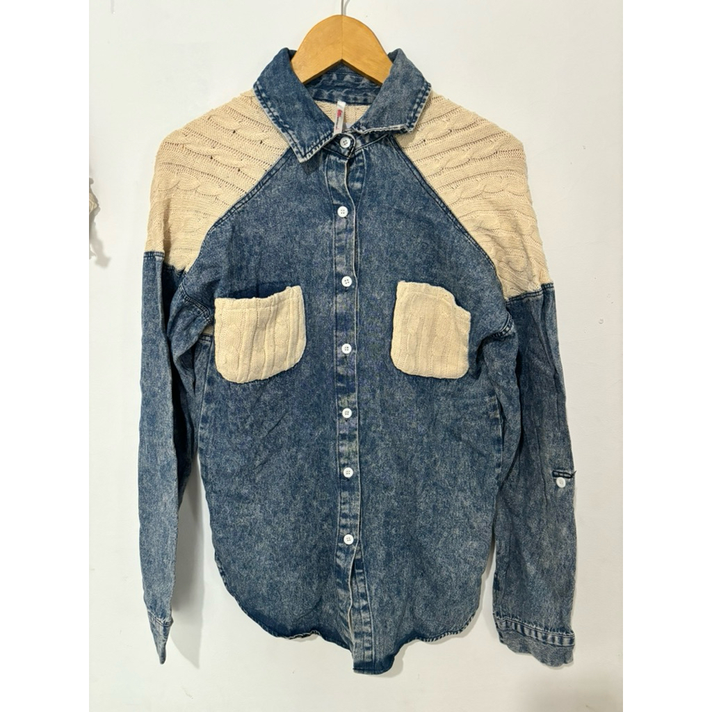 Kemeja blazer jeans denim kombinasi rajut