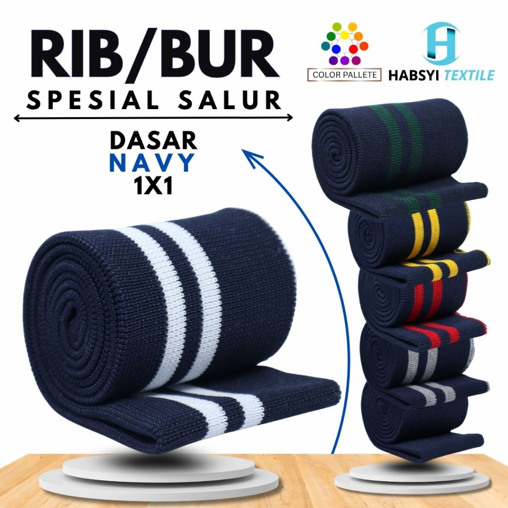 Kain Rib/Bur Jaket Rajut 1x1 Polyester Salur Warna Dasar Navy Jacket Varsity Bomber Riding Casual