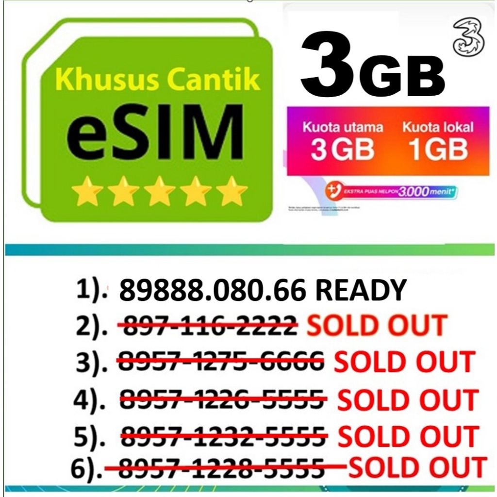 eSIM Tri Indonesia kuota 3gb,  HP SIM2 , Khusus HP garansi resmi