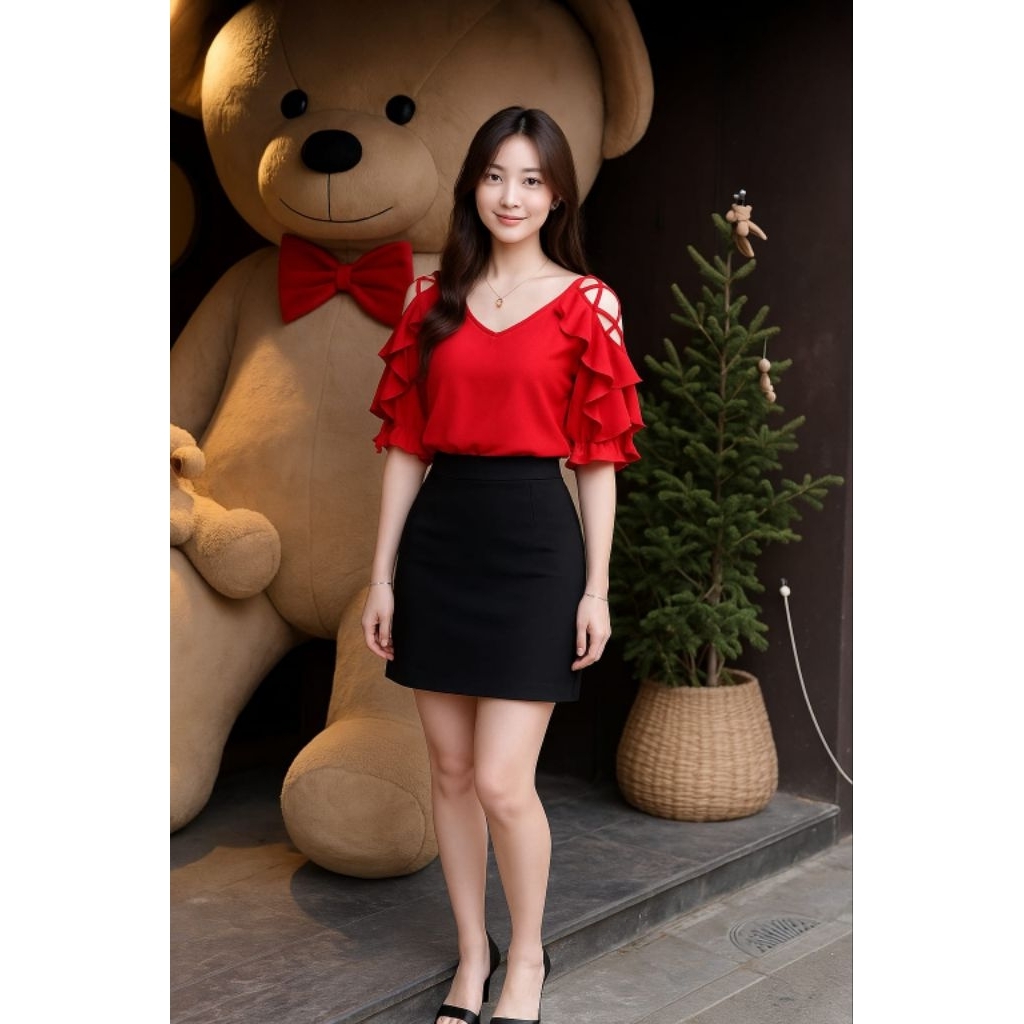 Blouse Natasha Baju fashion wanita modern Korea / Blus Sabrina layer / Atasan wanita merah