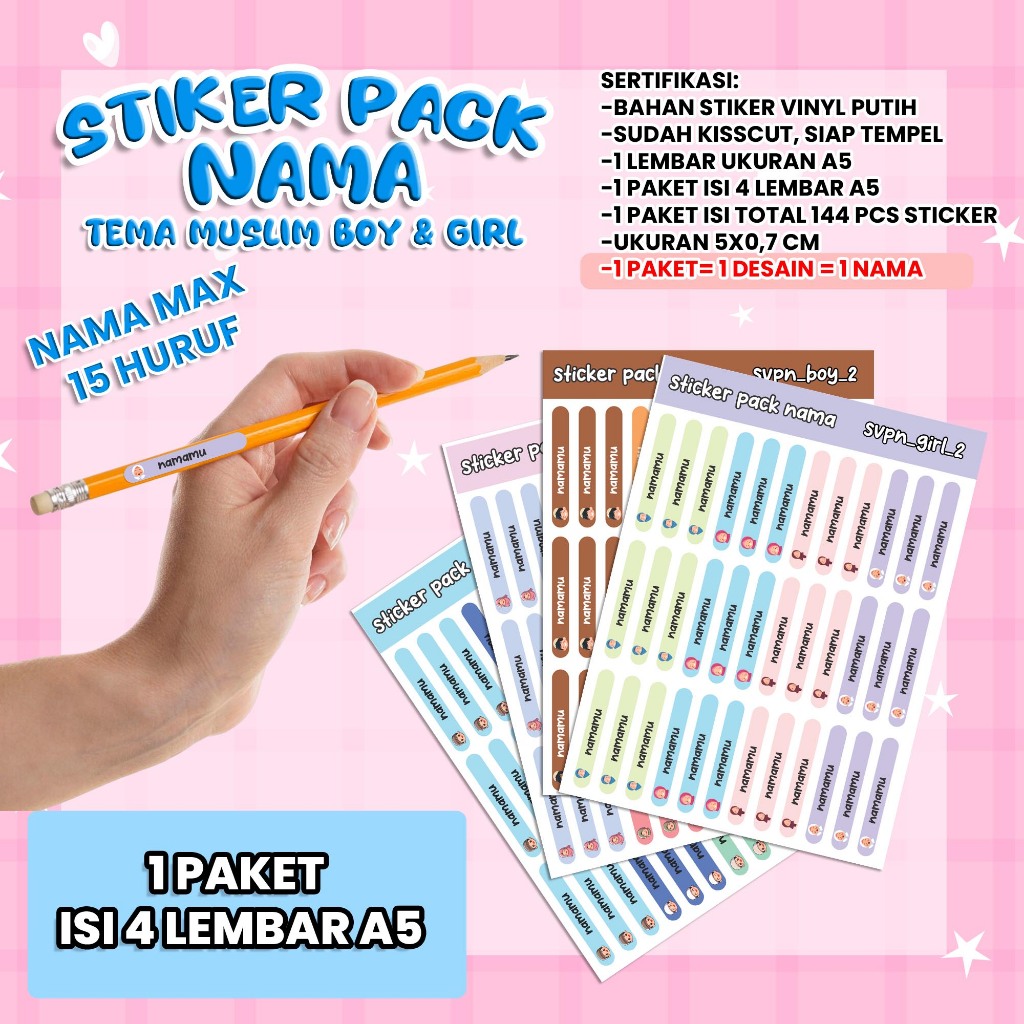 

[Ukuran A5 / 1 Paket isi 4 Lembar] Stiker Pack Nama untuk PENSIL, PULPEN, ATK, ALAT TULIS, DLL TEMA MUSLIM BOY & GIRL