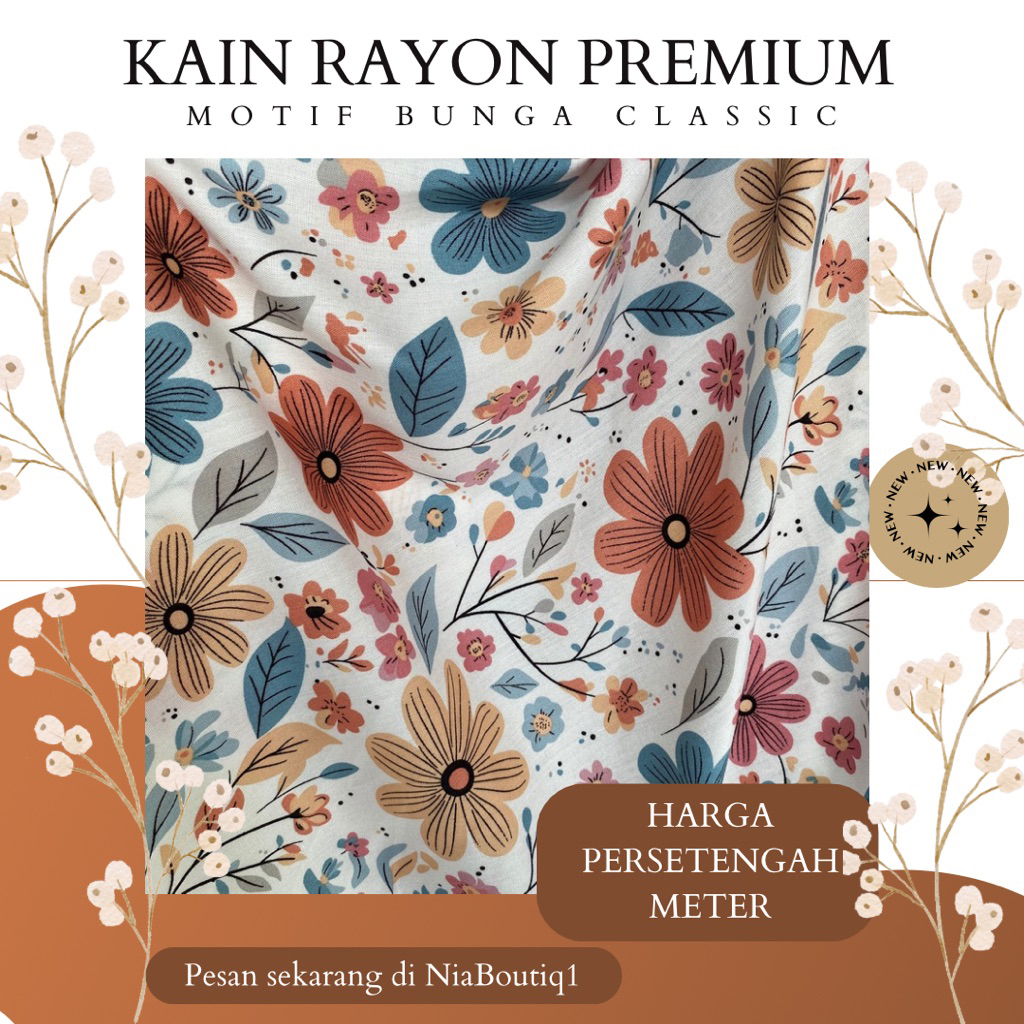 Kain katun rayon premium bahan gamis daster motif bunga warna cream krem khaki