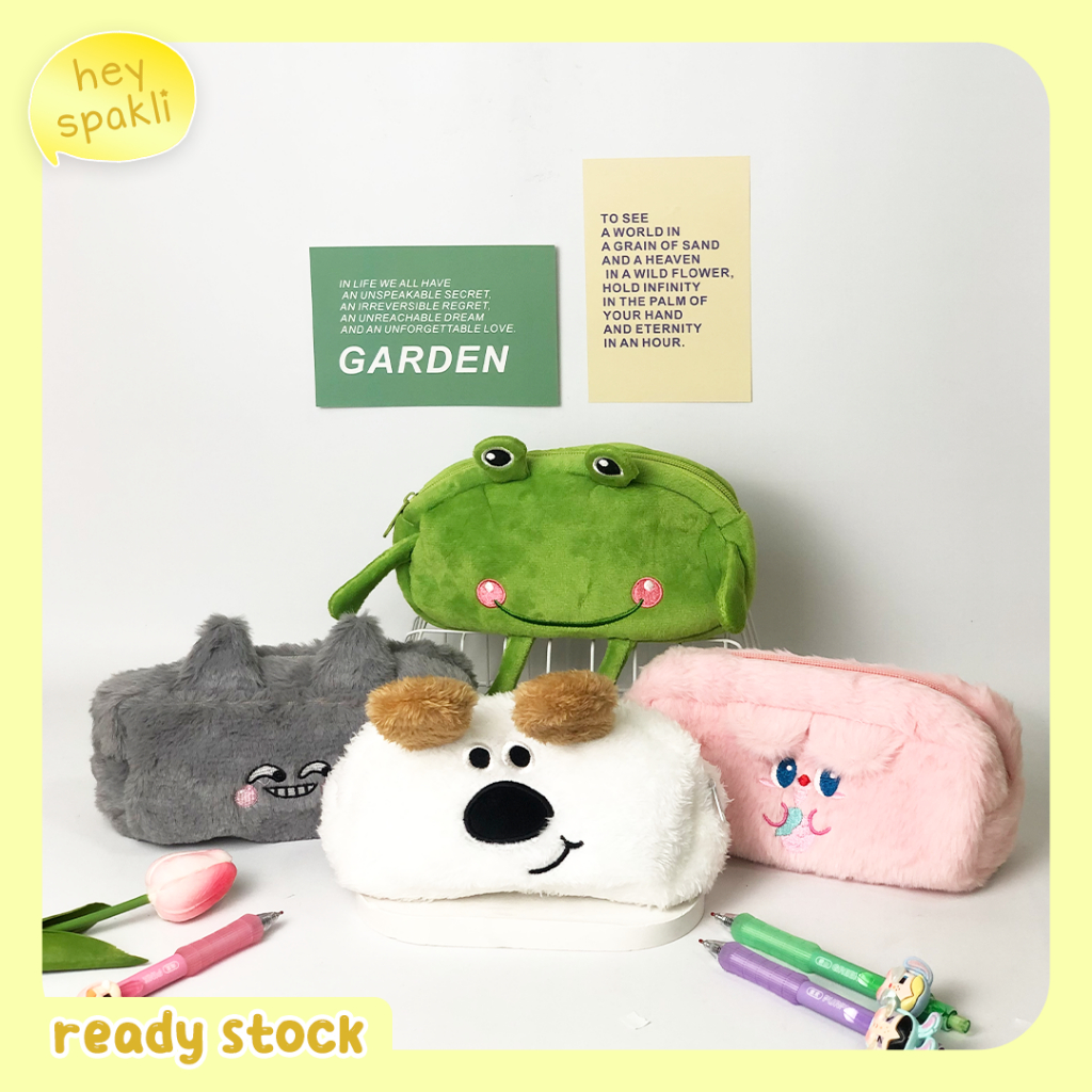 

pencil case / tempat pensil - puppy dog & green frog kotak pensil berbahan bulu halus multifungsi