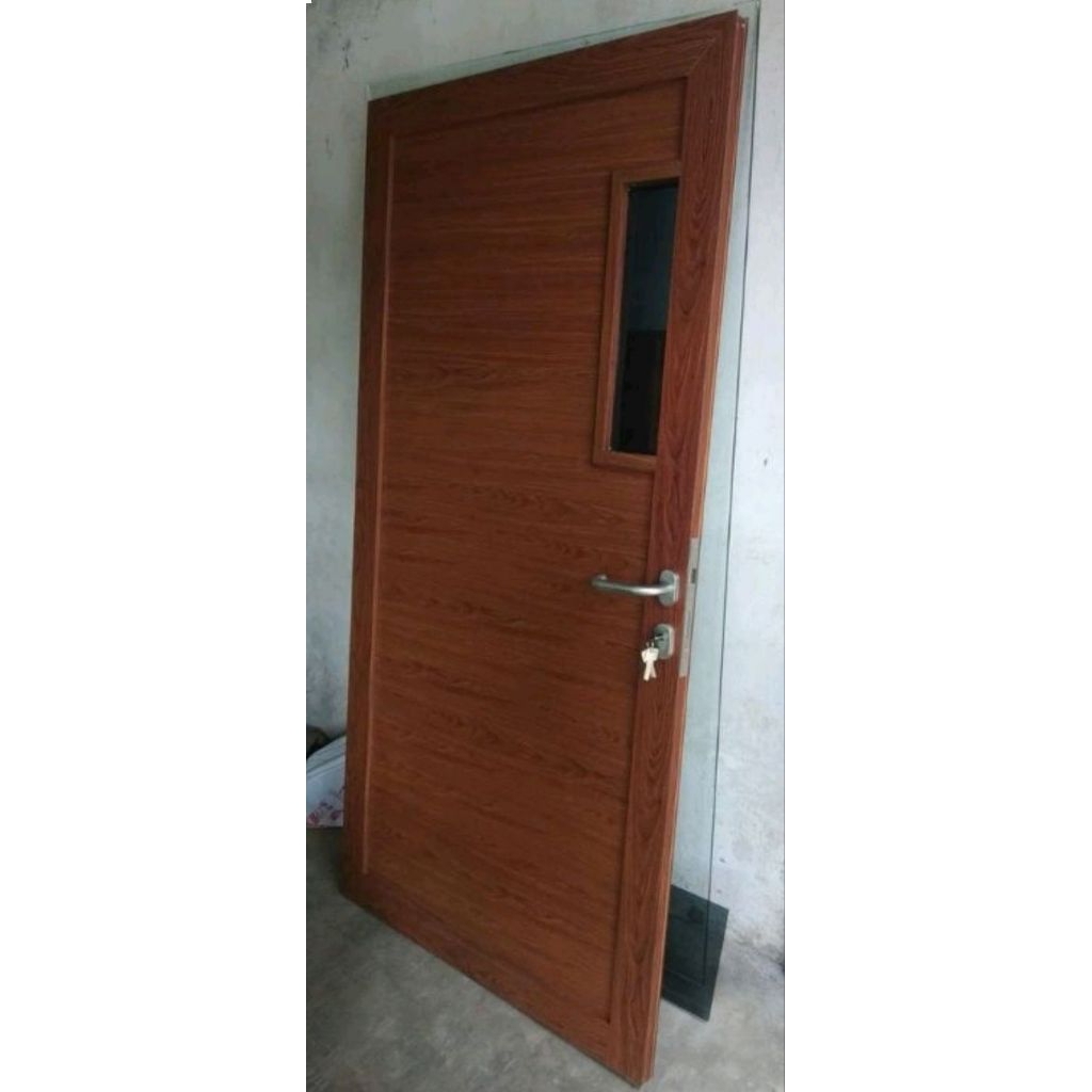 kusen+pintu alumunium 3 in kombinasi ACP warna urat kayu ukuran L 90 T 210