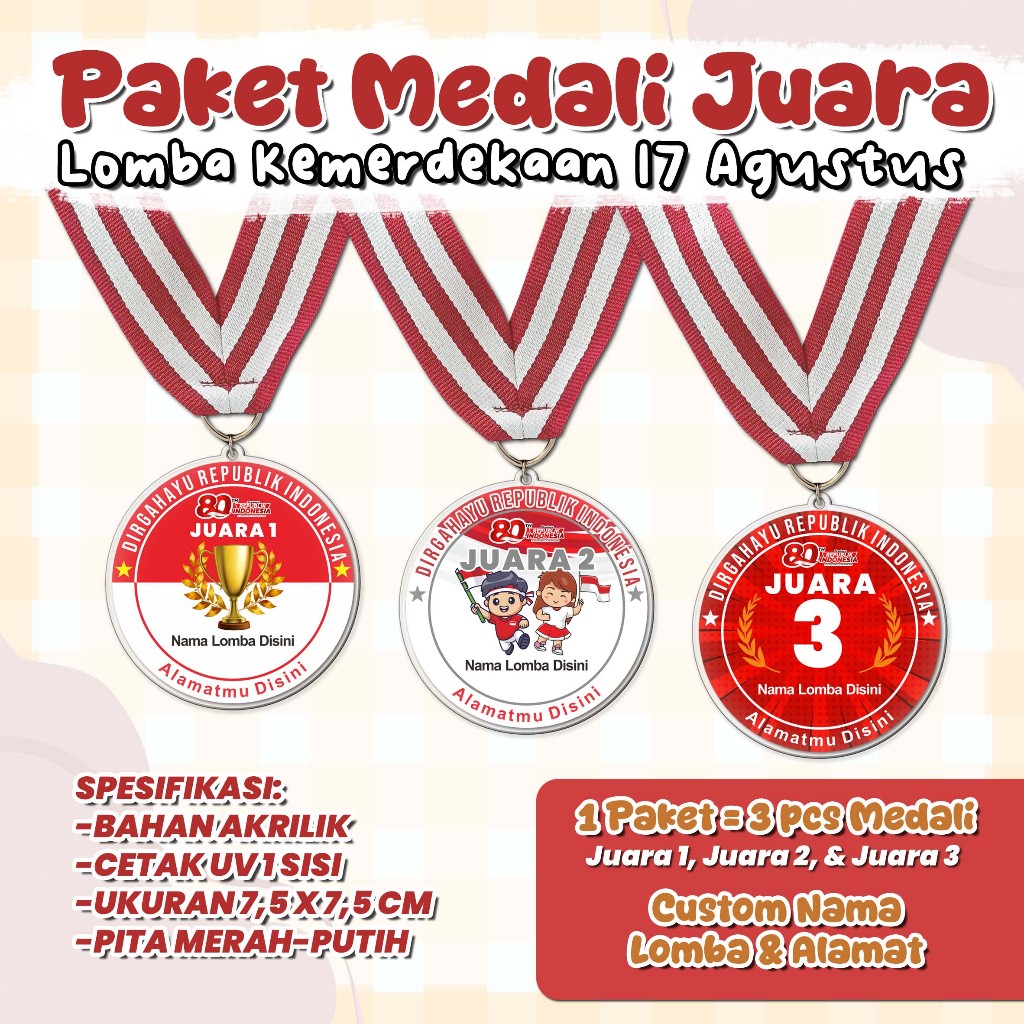 MEDALI KEJUARAAN - MEDALI BAHAN AKRILIK CUSTOM - PAKET MEDALI KEJUARAAN LOMBA (include Juara 1, Juar