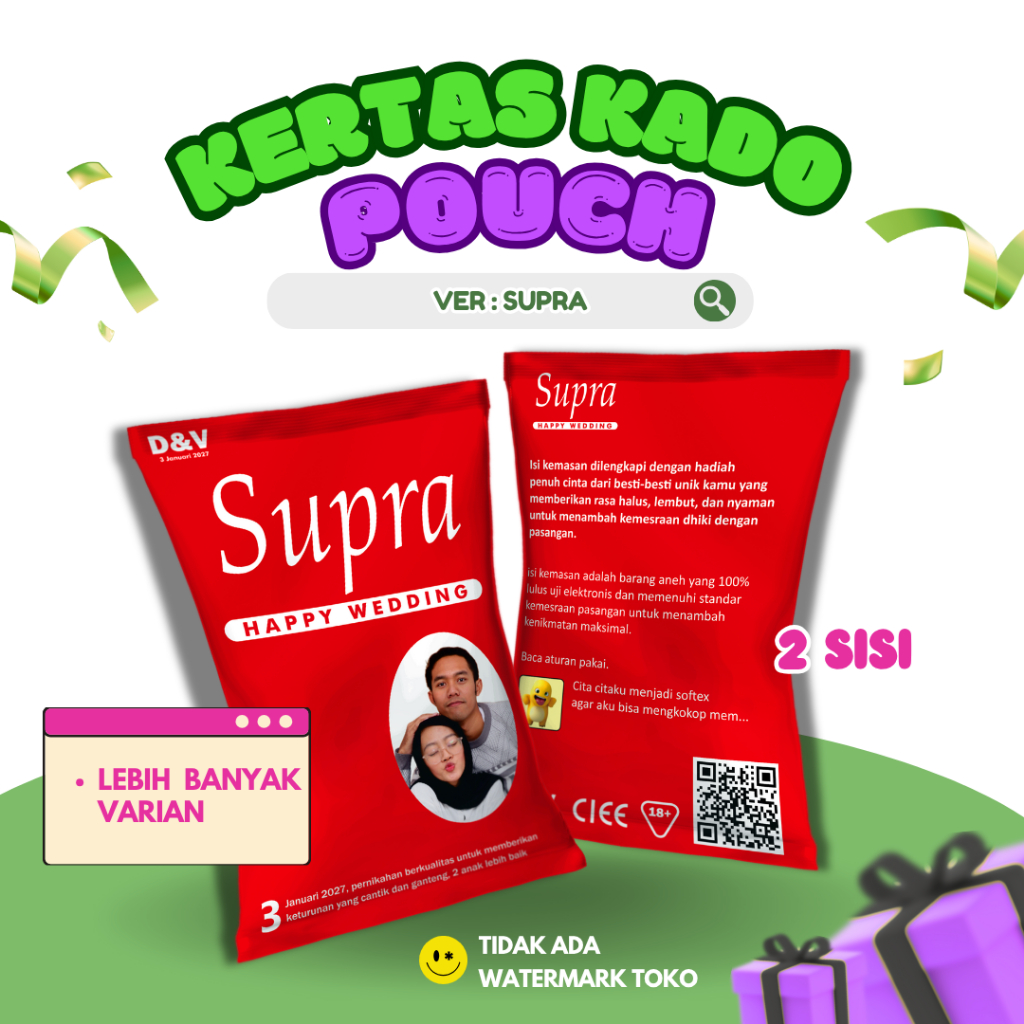 

KERTAS KADO POUCH CUSTOM SUTRA 2 SISI DEPAN BELAKANG BUNGKUS KADO LUCU