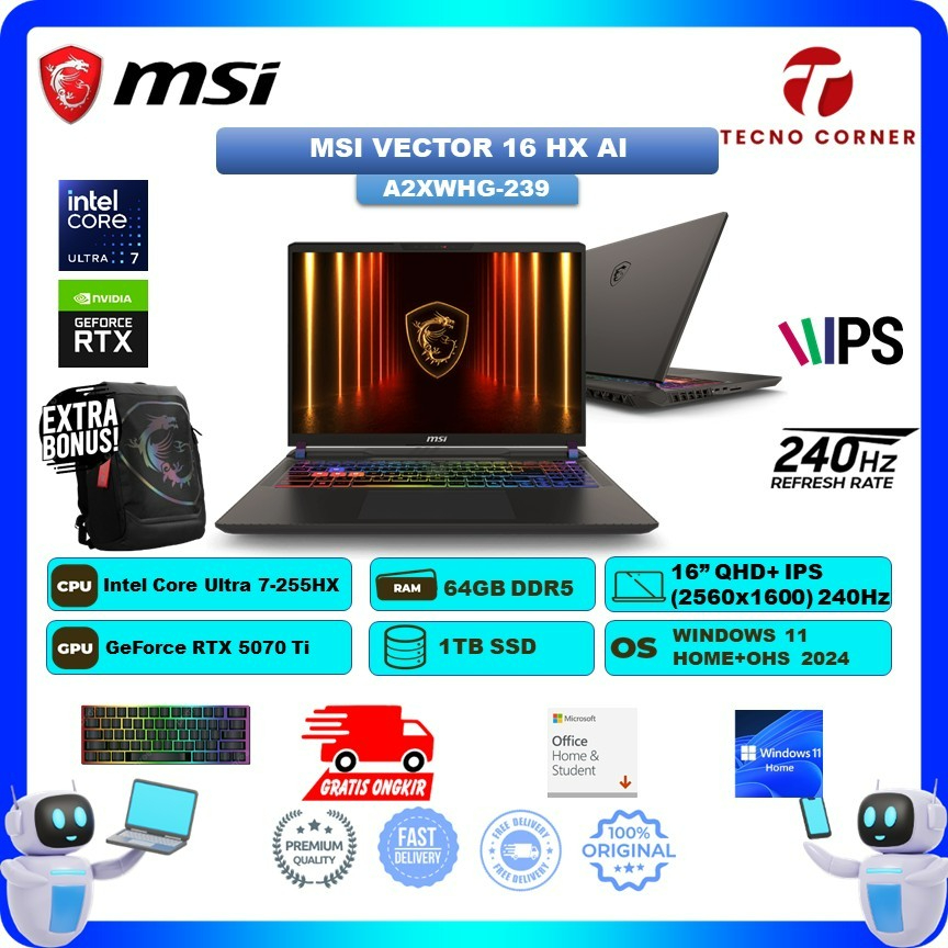 Laptop Gaming Msi Vector 16 HX RTX5070TI 12GB/   AI Intel Ultra 7 255HX 16GB/512GB W11+OHS 16.0QHD+ 