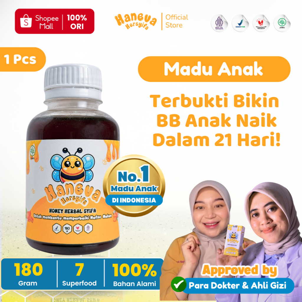 

HANEVA HERSYIFA - Madu Anak Penambah Nafsu Makan - 2 Thn Keatas | BPOM dan Halal MUI 180 Gram 1 pcs