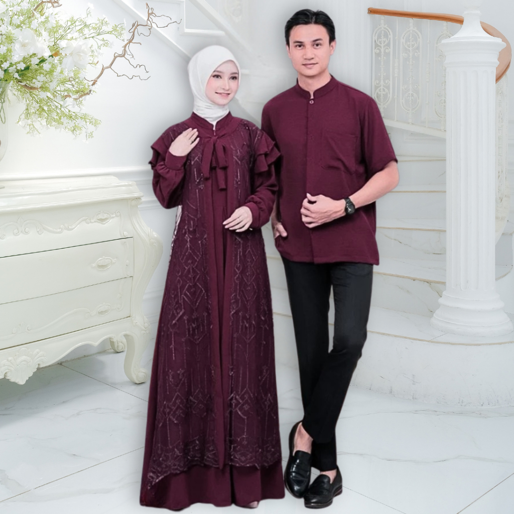 Setelan Couple Mayra Gamis Koko Mewah | Set Couple Muslim Lebaran Gamis Brukat Kodangan dan Koko