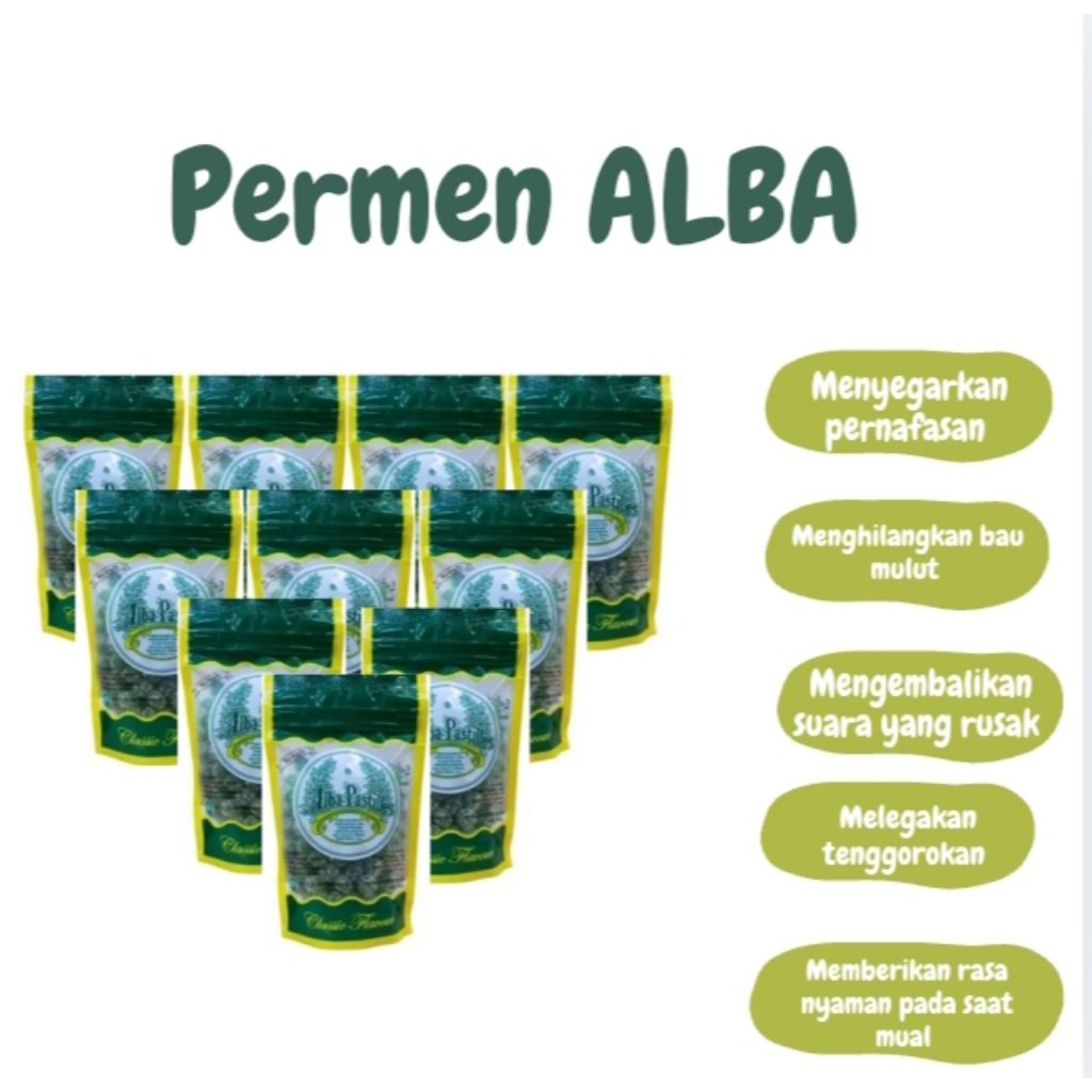 

PERMEN ALBA, BELI 10 LEBIH HEMAT,menyegarkan tenggorokan, pernapasan,bau mulut,serak, mual. Exp Panjang