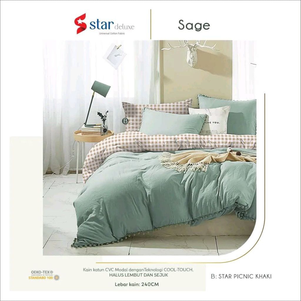 SPREI KATUN POLOS + ANTI GESER KATUN CVC STAR PREMIUM POLOSAN WARNA SAGE & LIGHT SAGE UK 90x200 / 10