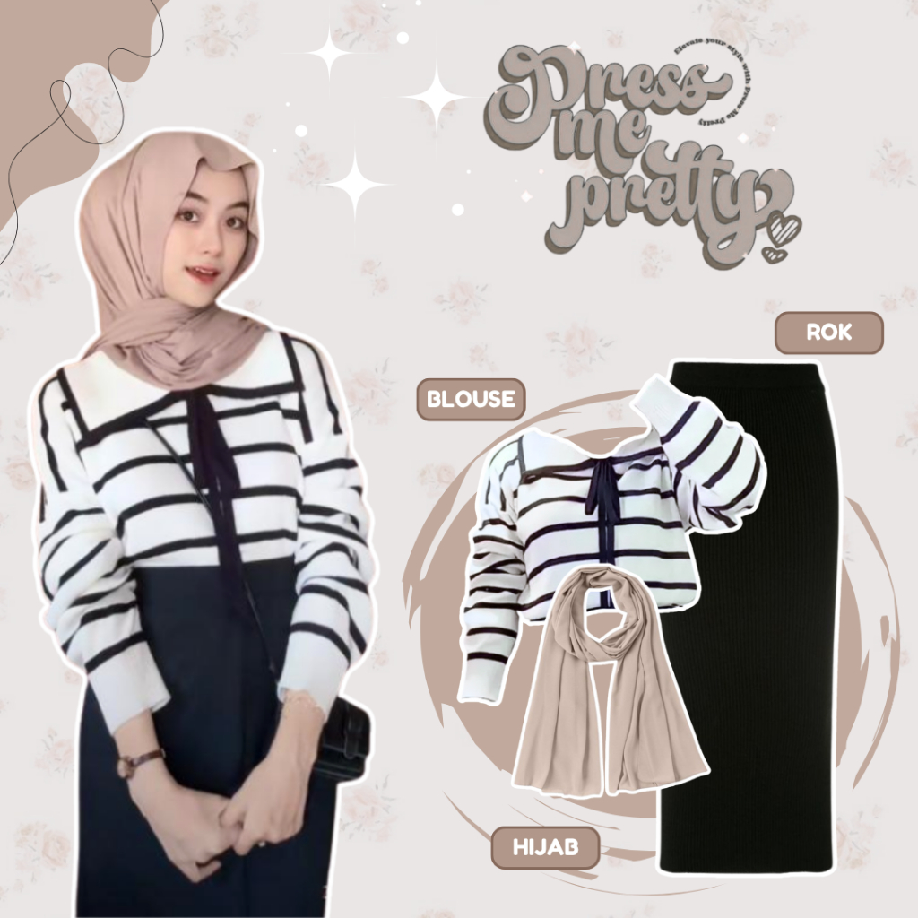 Outfit Cewek Satu Set Ootd Set Outfit Kampus Wanita (Blouse Rajut, Rok Span, Pashmina Ceruty) - BO01