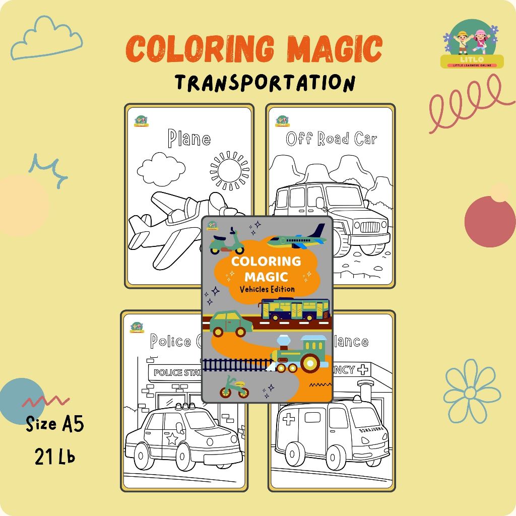 Buku Mewarnai Anak Transportasi - Worksheet Colouring Transportation 21lbr