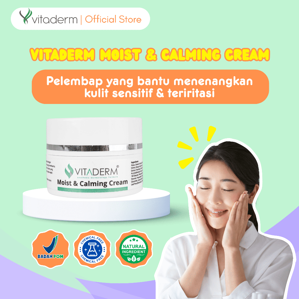 Vitaderm Moist & Calming Cream - Pelembap Kulit Sensitif &  Iritasi | Krim Wajah BPOM Natural Chemic