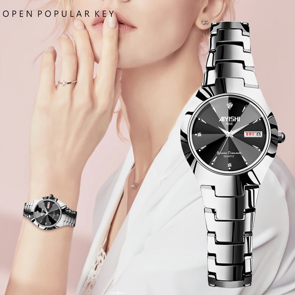 AIYISHI Retro Elegant Dual Calendar Luminescent 30m Water-Resistant Women's Watch Decorated with Rhi