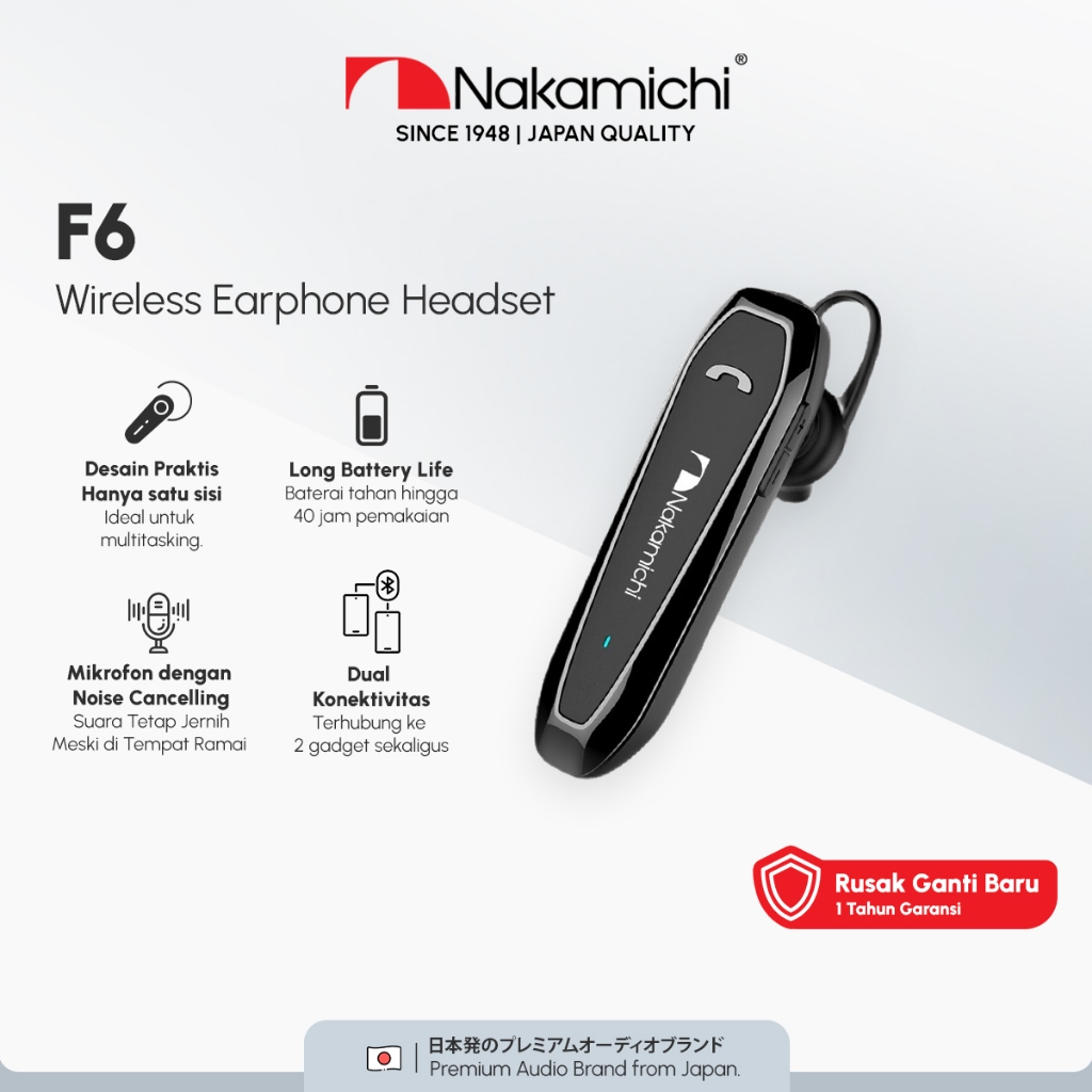 Nakamichi F6 Mono Headset Bluetooth Noise Cancelling Wireless Earphone Mic HD Black
