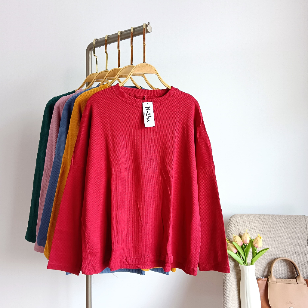 Atasan kalong batwing wanita - kaos oversize cewek terbaru - Atasan knit waffle kekinian - Ramise
