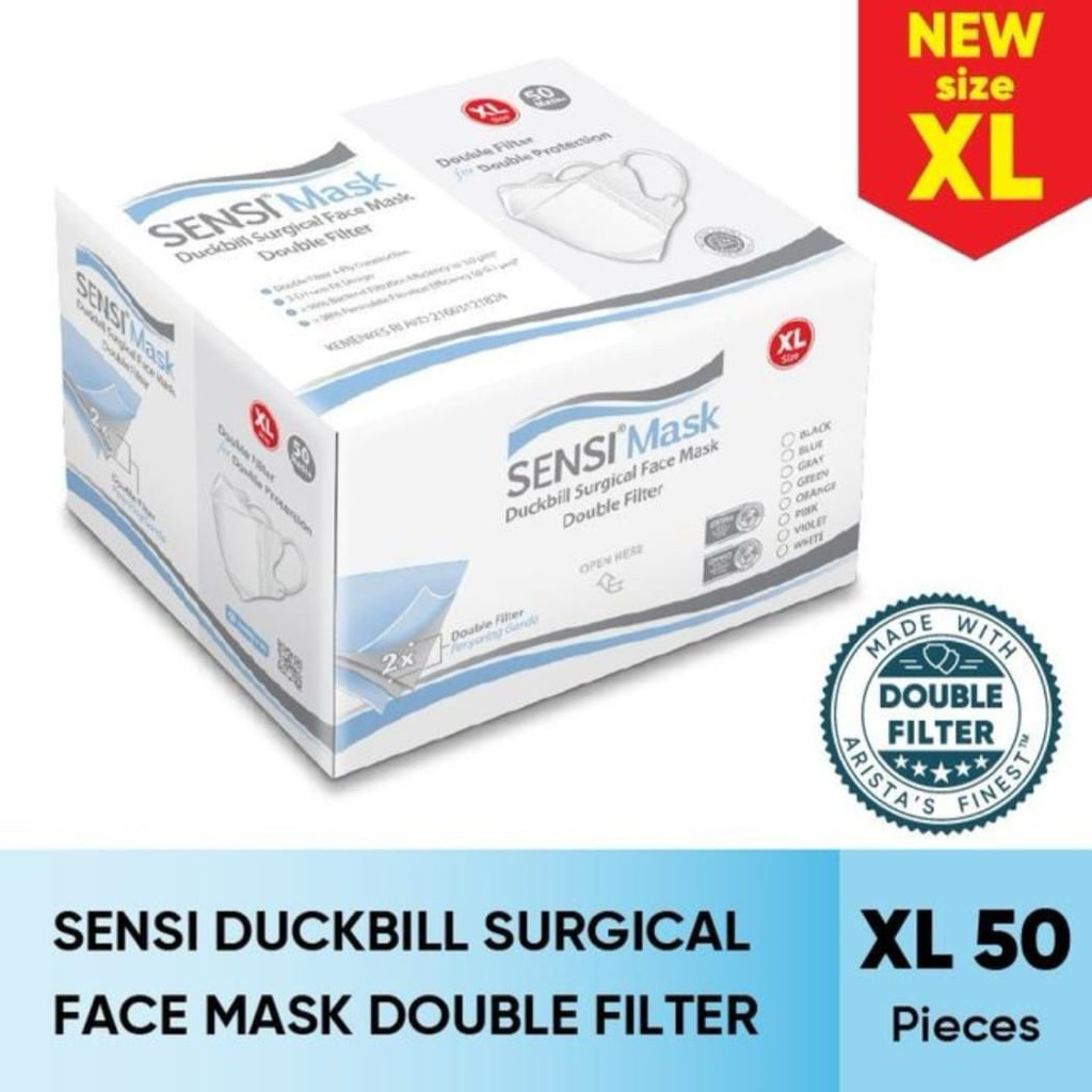 Masker Sensi Duckbill XL Surgical Face Mask XL isi 50 pcs warna putih hitam biru
