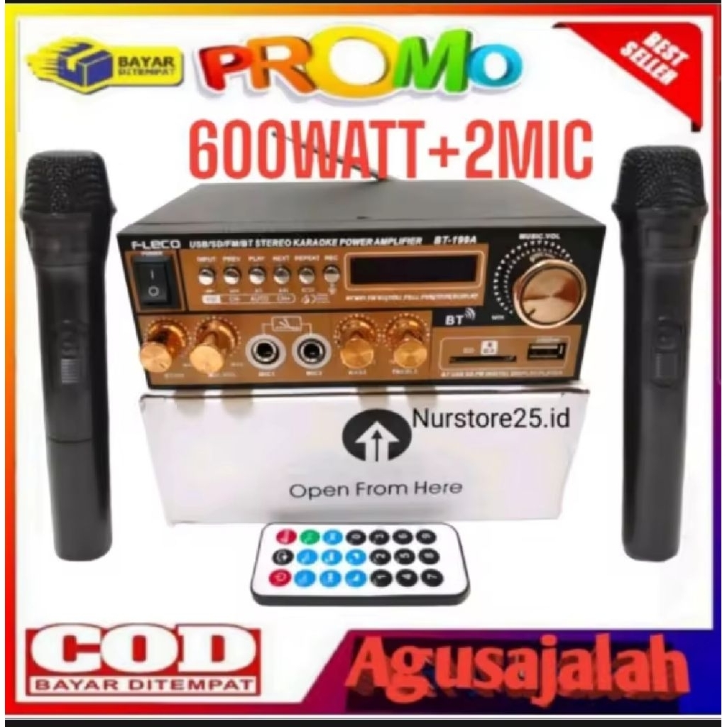 DUO MIC PAKET AMPLIFIER+MIC2 Amplifier fleco 199A 600 watt Amplifier bluetooth amplifier karaoke sua