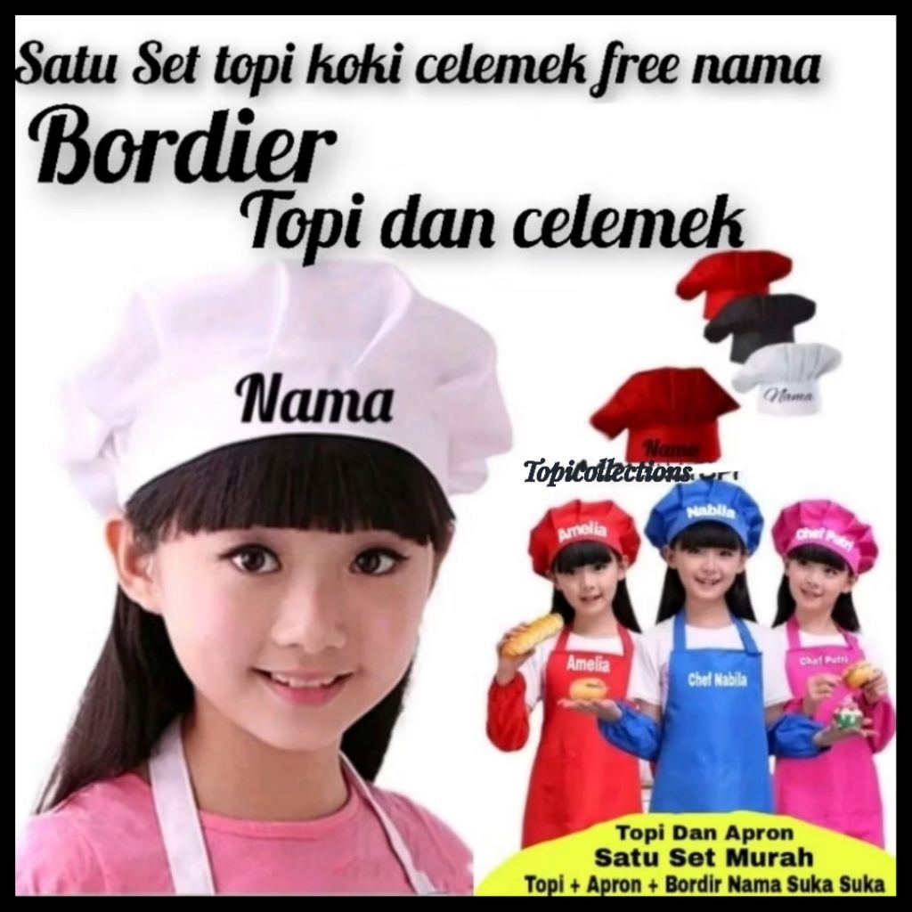 Topi koki anak topi chef anak dan celemek free nama topi koki anak set anak topi dan apron anak