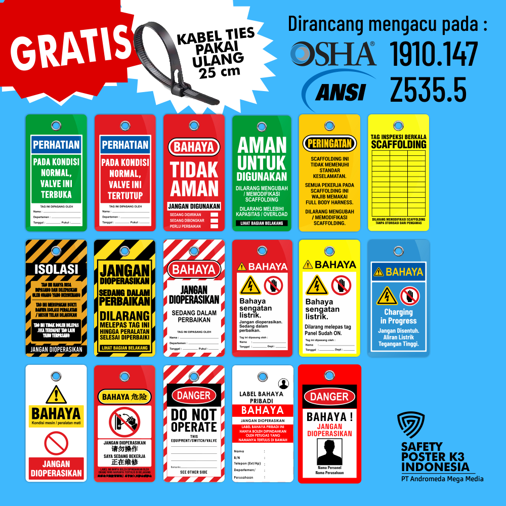 

Safety Tag LOTO : Bahaya, Aman, Tidak Aman, Valve Merah, Valve Hijau, Scaffolding Merah, Perancah, Valve Normal, Bahaya Mesin, Isolasi, Scaffolding Hijau, Kuning Hitam, Outdoor Anti Air.