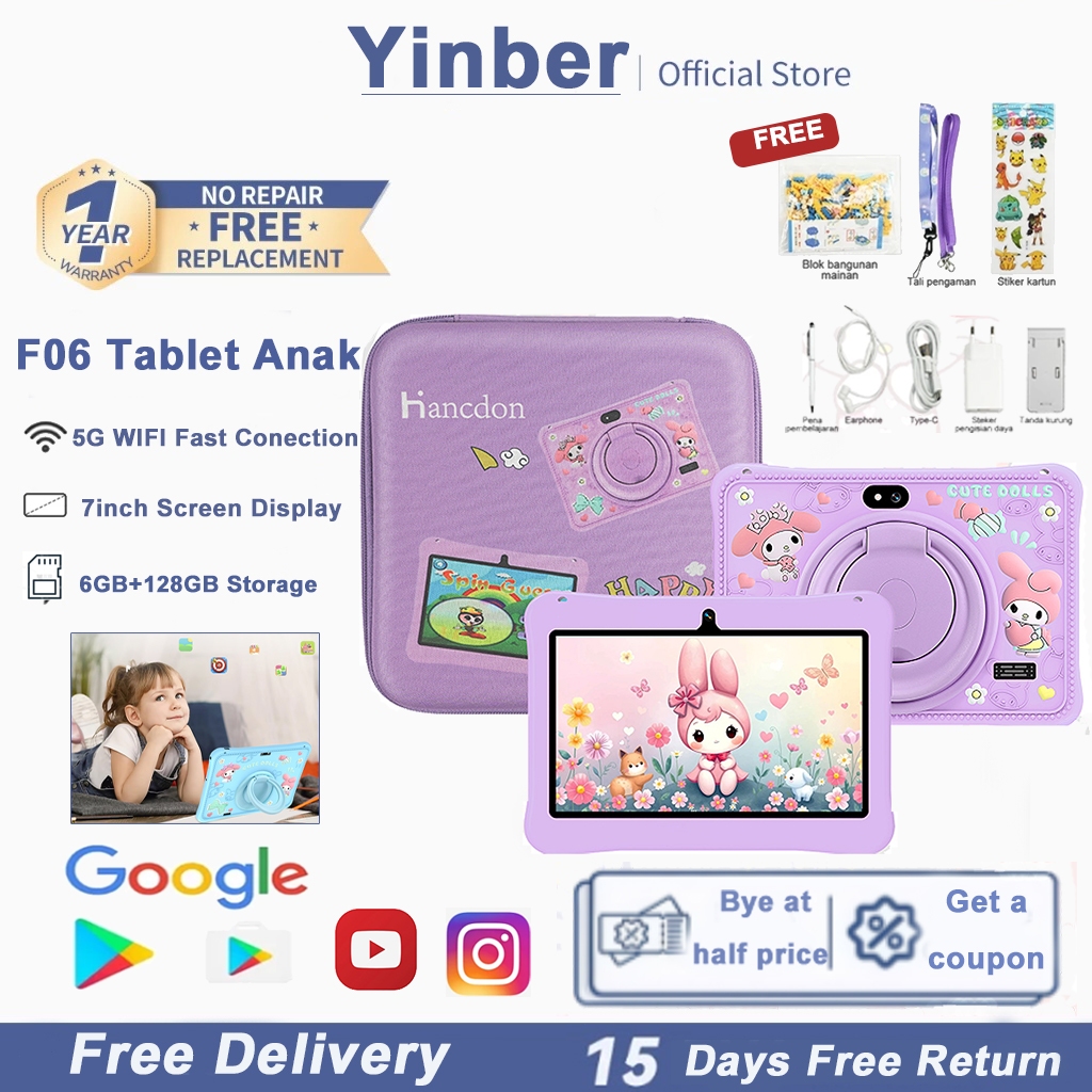 YINBER Tablet Edukasi Anak Hancdon F06 Dengan Kemasan Tas / Tablet Aipet Anak Murah Layar Sentuh /