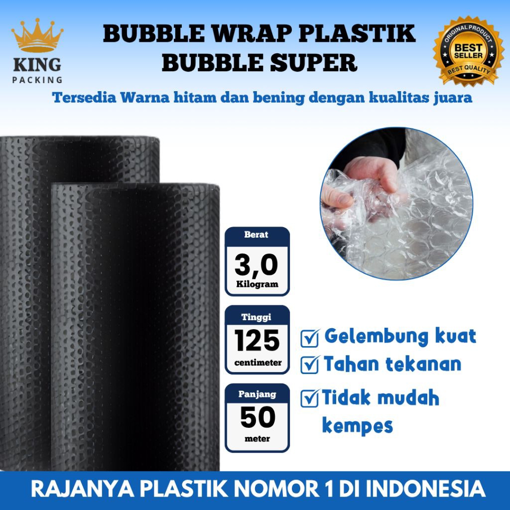 

Plastik Gelembung Bubble Wrap Super King Packing Roll 50m x 125cm Warna Bening & Hitam Merk King Packing