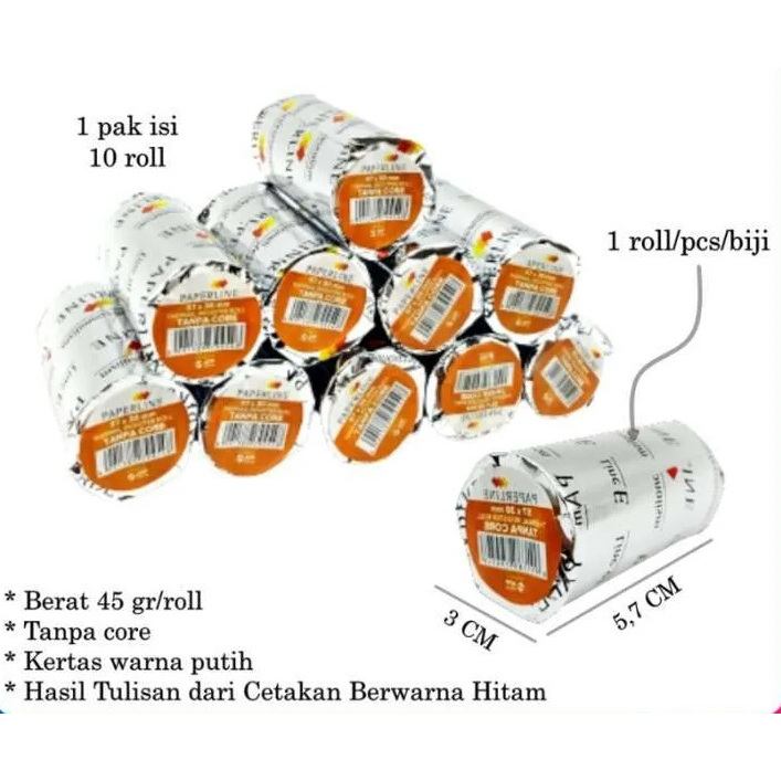 

Paperline Kertas Thermal 57x50 10 Roll Kertas Struk Kasir Berat 45 Gr/roll Warna Putih Hasil Tulisan Berwarna Hitam