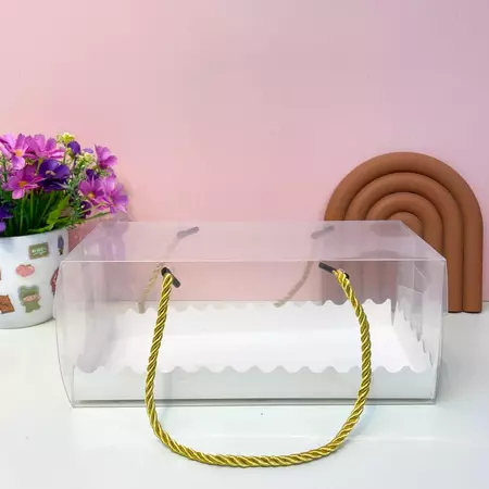 

Kotak Mika Kotak Kue Roll Persegi Panjang Tali Emas Elegan Ukuran 27.5X11X9