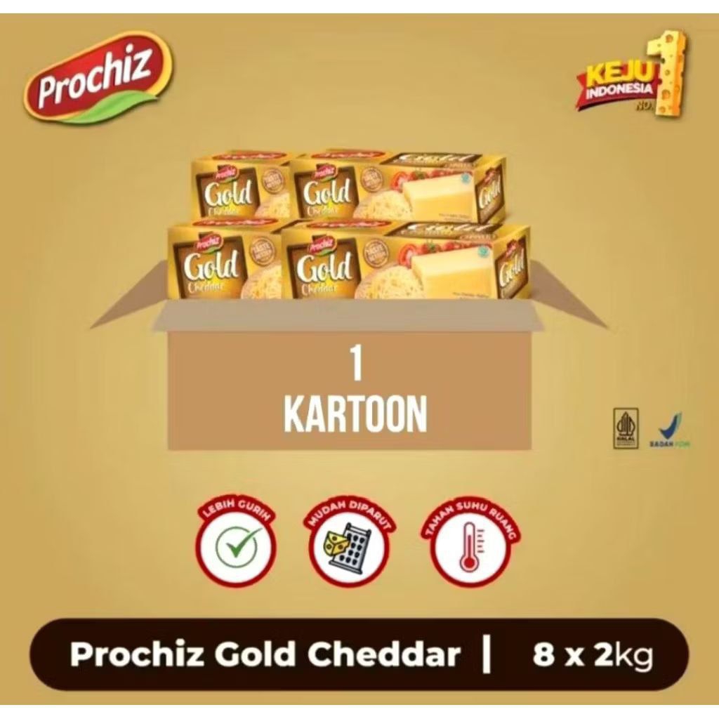

Keju Prochiz Gold Cheddar 2KG×8 (1KARTON) Asin Gurih Parutan Panjang