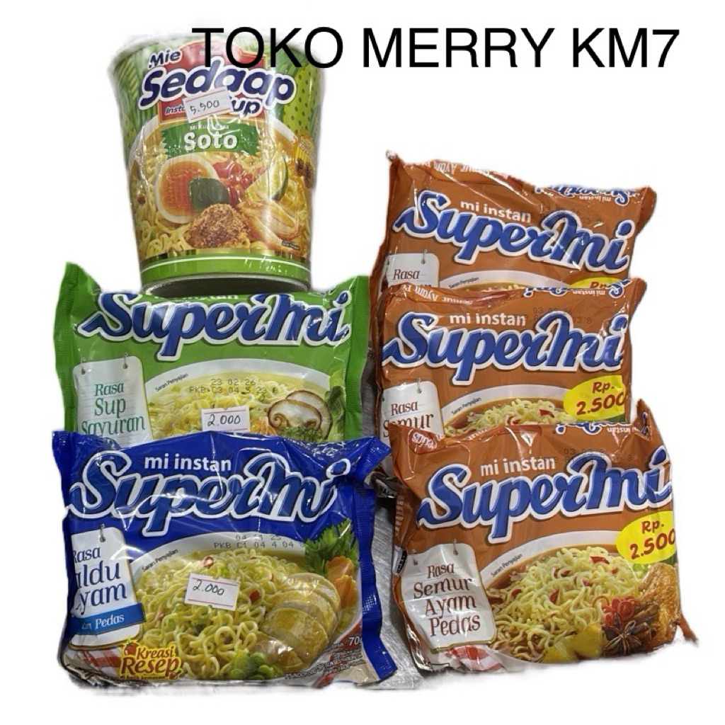 

(C4) COMBO HEMAT 3bks Supermi semur, 1pcs SUPERMI SUP SAYURAN, 1pcs SUPERMI KALDU AYAM , 1CUP SEDAAP SOTO