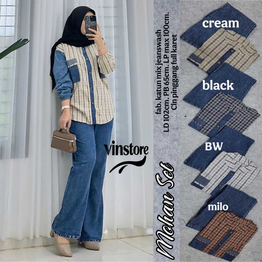Mohan Set Baju Setelan Wanita Katun Jeans Kombinasi Terbaru